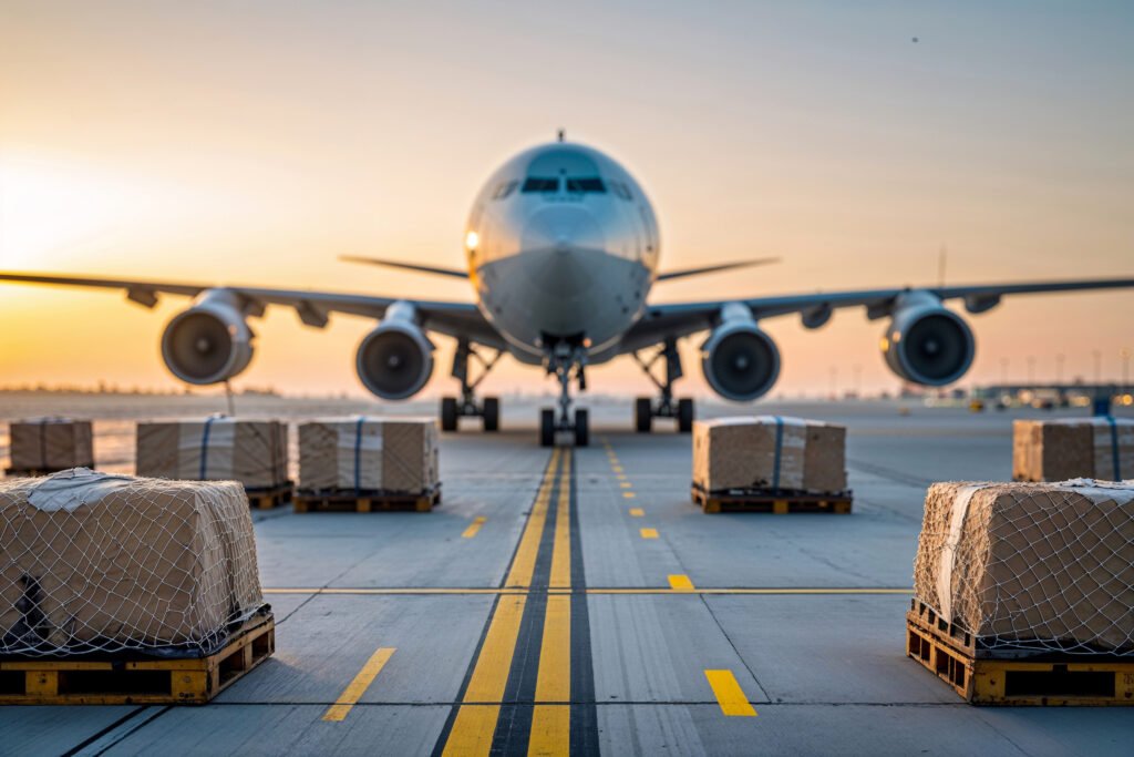 A massive cargo plane awaits loading at dawn, its shadow cast over neatly stacked pallets ready for global delivery, bathed in soft morning light.